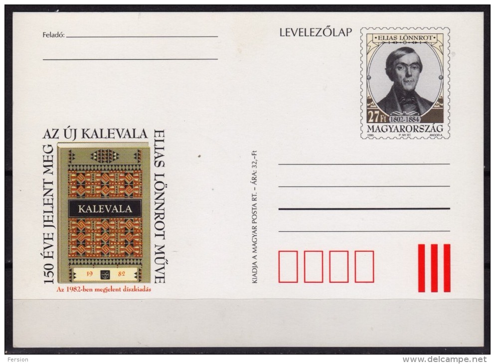 Elias Lönnrot KALEVALA - 1996 HUNGAR - STATIONERY POSTCARD - Not Used / Finland - Postwaardestukken