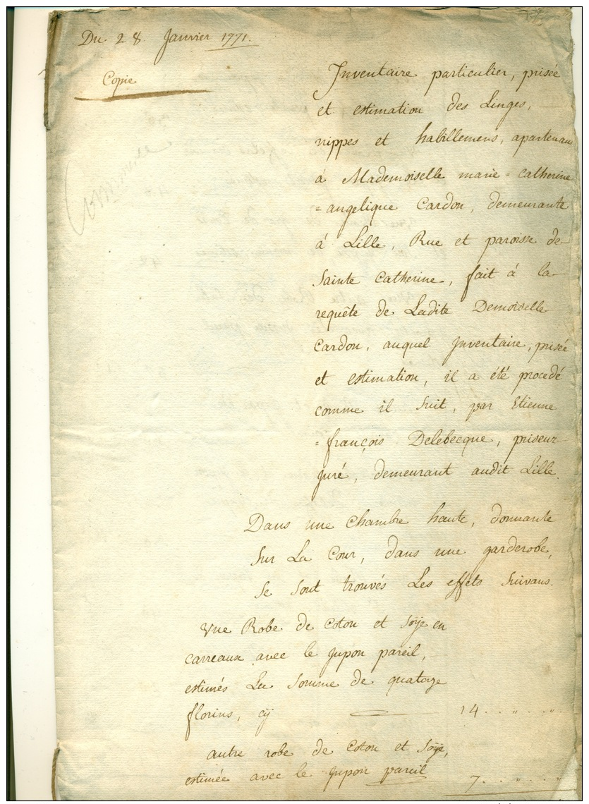 Estimation Du Linge Appartenant à Melle Cardon Rue Et Paroisse Sainte Catherine En 1771 - Voor 1900