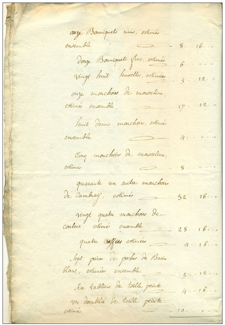 Estimation Du Linge Appartenant à Melle Cardon Rue Et Paroisse Sainte Catherine En 1771 - Voor 1900