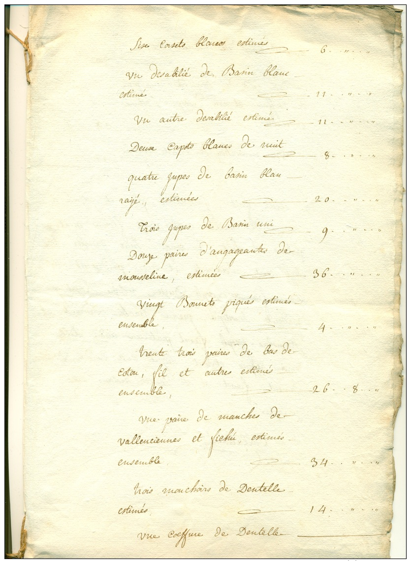 Estimation Du Linge Appartenant à Melle Cardon Rue Et Paroisse Sainte Catherine En 1771 - Voor 1900