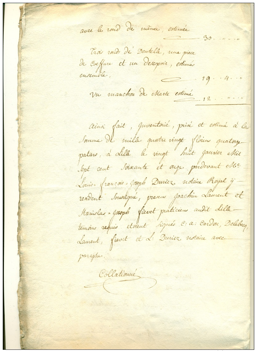 Estimation Du Linge Appartenant à Melle Cardon Rue Et Paroisse Sainte Catherine En 1771 - Voor 1900