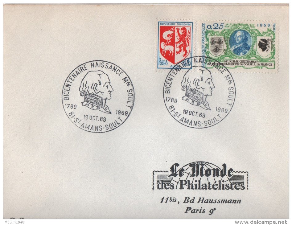 Cachet Temporaire De 81 Sy Amans Soult Tarn Du 19/10/1969 Bicentenaire Naissance Marechal Soult - 1961-....