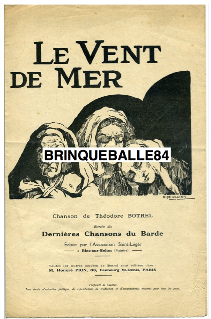 PARTITION BRETAGNE 29340 RIEC SUR BELON LE VENT DE MER BARDE THÉODORE BOTREL ASSOCIATION SAINT-LÉGER PIANO DE VILLERS - Autres & Non Classés