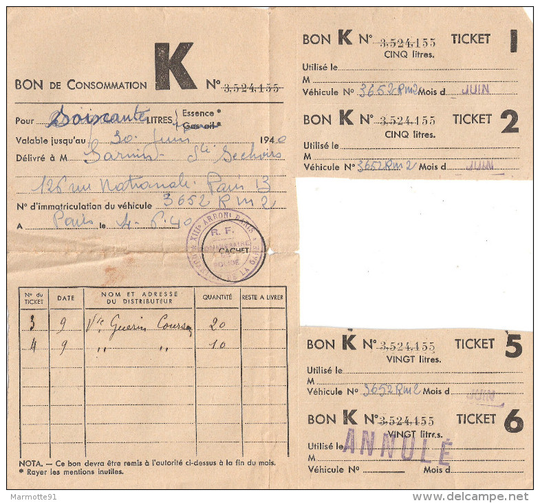 BON CONSOMMATION K TICKET RATIONNEMENT ESSENCE 1940 GUERRE RAVITAILLEMENT - 1939-45