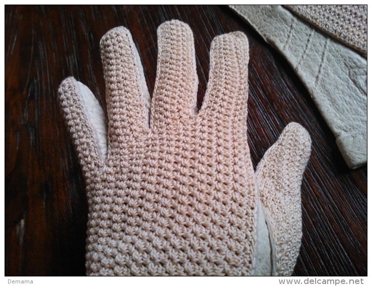 Handschoenen, Leder En Soort Haakwerk, Vintage, Beige - Other & Unclassified