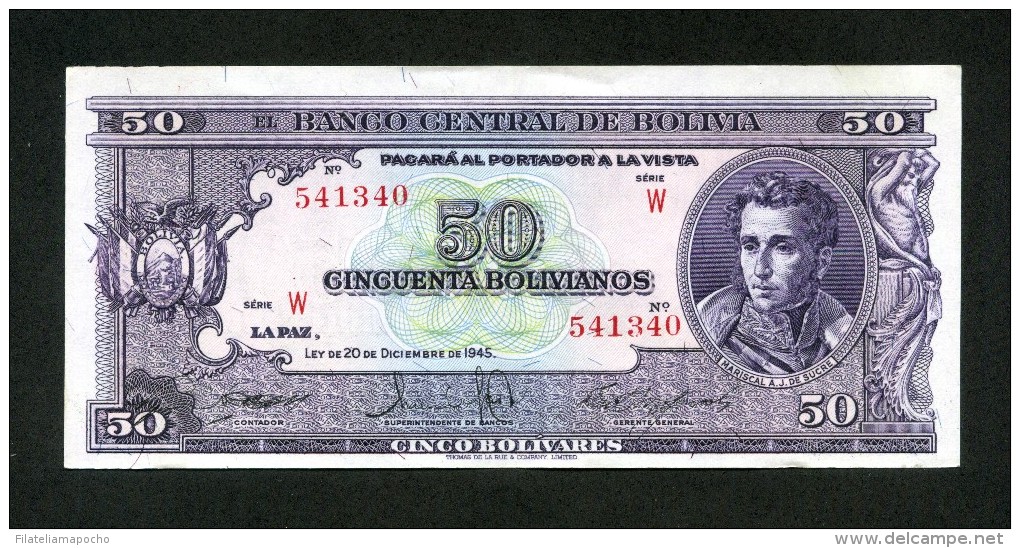 BOLIVIA BILLETES 1945; "50 BOLIVIANOS". - Bolivia