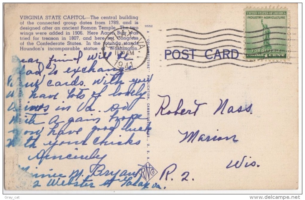 Virginia State Capitol, 1941 Used Postcard [17059] - Richmond