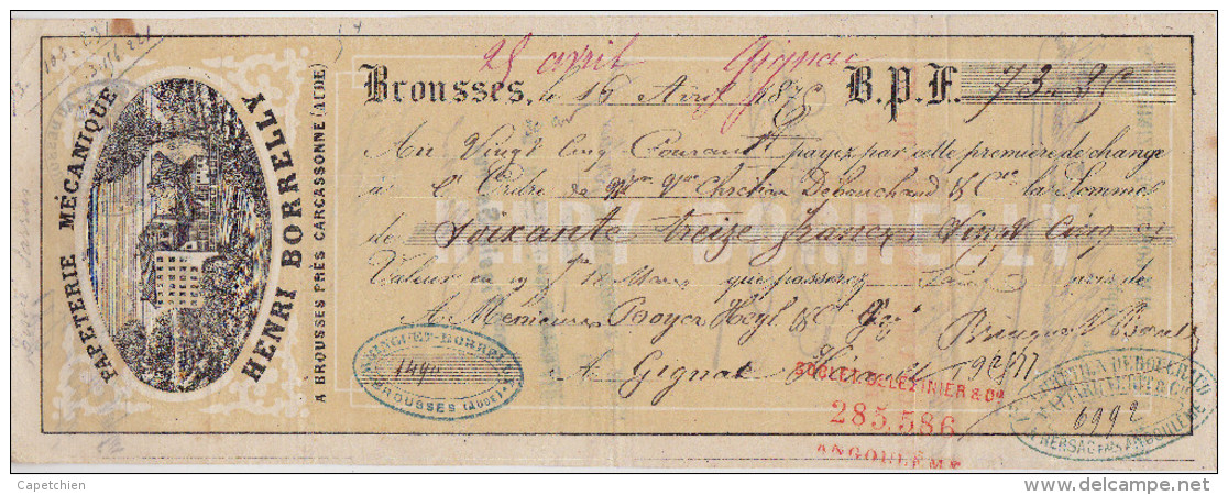 HENRI BORRELLY / PAPETERIE MECANIQUE / BROUSSE - AUDE / 1875 / Tampon 15 C - Letras De Cambio