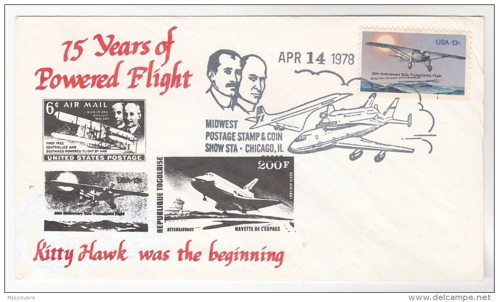 1978 USA POWERED FLIGHT ANNIV EVENT COVER Pmk Illus  SPACE SHUTTLE , CONCORDE Chicago Stamps Aviation - North  America