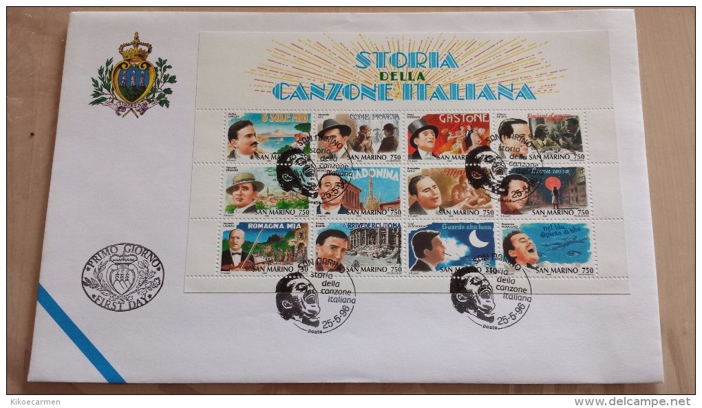 AL FACCIALE ! SAN MARINO - Storia Della Canzone Italiana 1996 Foglietto Minifoglio Busta FDC Annullo Primo Giorno S. Rsm - FDC