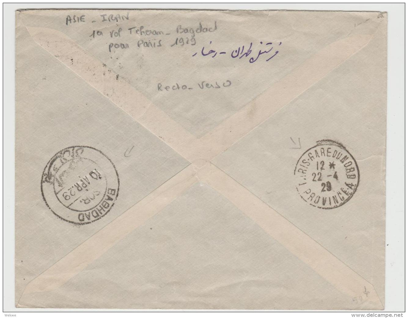 Ira009 / IRAN -  Erstflug 1929, Teheran - Bagdad Mit Weiterversand Nach Paris - Iran