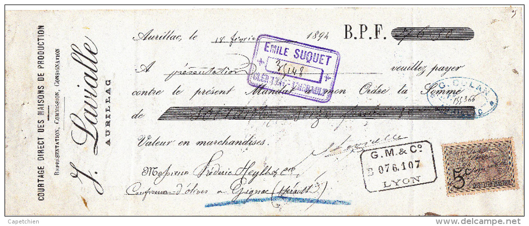 J. LAVIALLE / COURTAGE / AURILLAC  / 1894 / Timbre 5c - Wissels