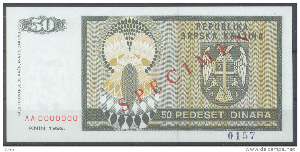 Croatia – R.S. Krajina (Knin) 50 Dinara 1992 SPECIMEN UNC; P R2s - Kroatien