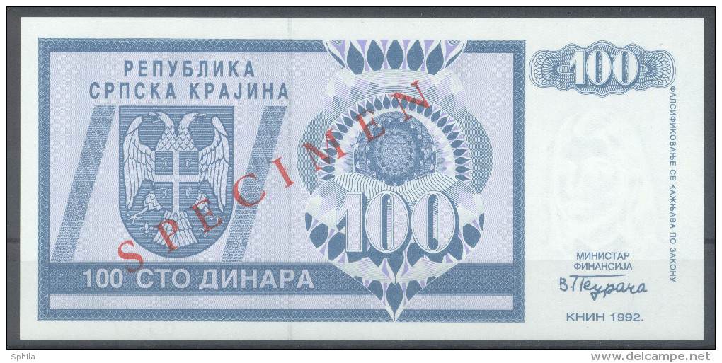 Croatia – R.S. Krajina (Knin) 100 Dinara 1992 SPECIMEN UNC; P R3s - Kroatien