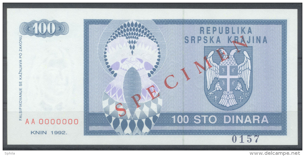 Croatia – R.S. Krajina (Knin) 100 Dinara 1992 SPECIMEN UNC; P R3s - Kroatien