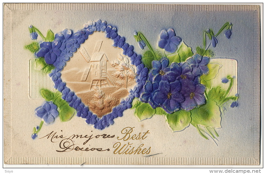 Carte Tres Epaisse Gauffrée Genre Velours Avec Moulin A Vent Et Myosotis Thick Velvet Card With Windmill. - Autres & Non Classés