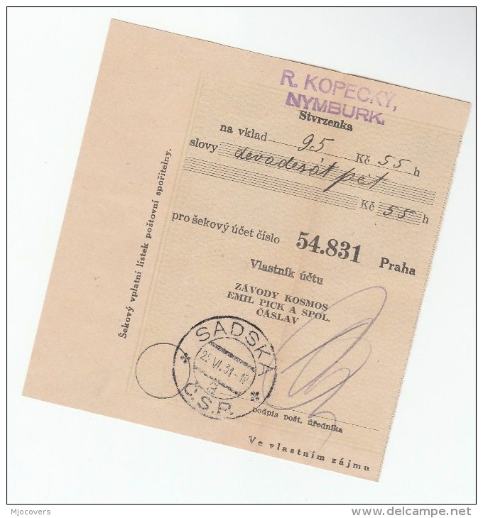 1931 Sadska CZECHOSLOVAKIA Pmk On POST OFFICE SAVINGS BANK CHEQUE RECEIPT - Covers & Documents
