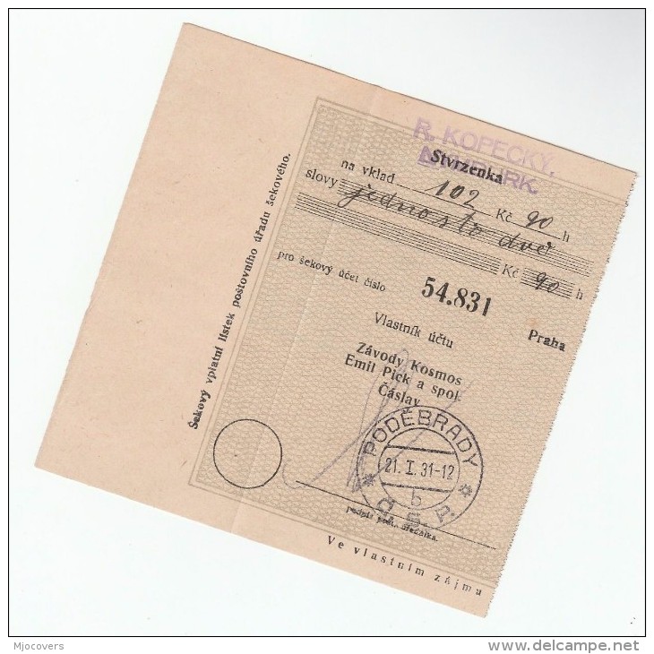 1931 Podebrady CZECHOSLOVAKIA Pmk On POST OFFICE SAVINGS BANK CHEQUE RECEIPT - Covers & Documents