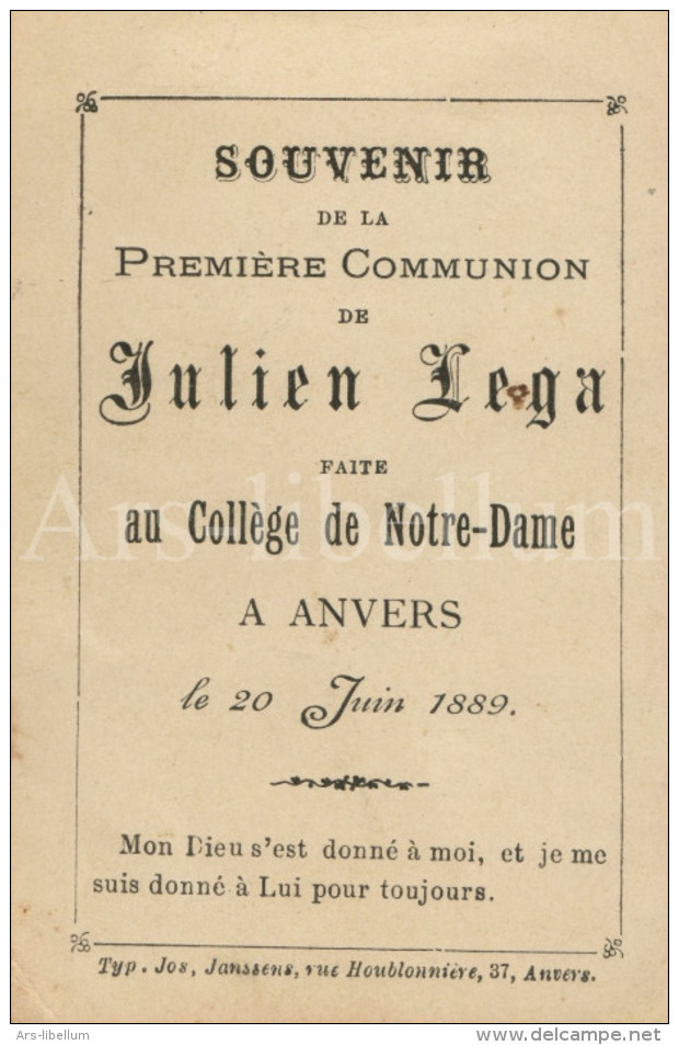 Communieprentje / Communie / Communion / Vormsel / Confirmation / Julien Lega / Antwerpen / 1889 / 2 Scans - Communion
