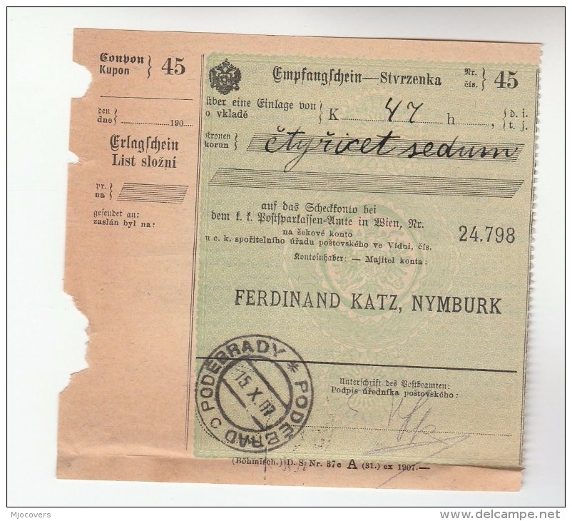 1907 Podebrady BOHEMIA Pmk On POST OFFICE SAVINGS BANK CHEQUE RECEIPT Czechoslovakia Austria - Other & Unclassified