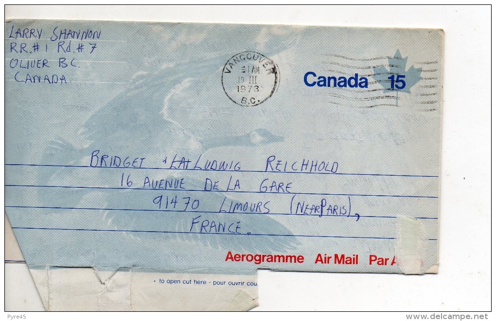 CANADA AEROGRAMME DU 19 MARS 1973 DE VANCOUVER A LIMOURS - Briefe U. Dokumente