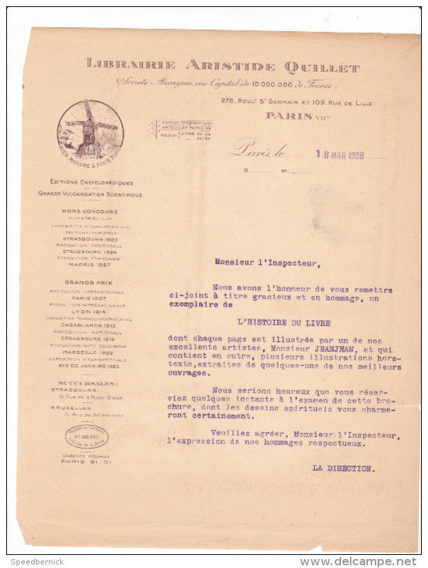 Lettre Librairie Quillet  - Inspecteur Censure - Livre Editeur - Saint Germain Paris France -moulin 1929 - 1900 – 1949
