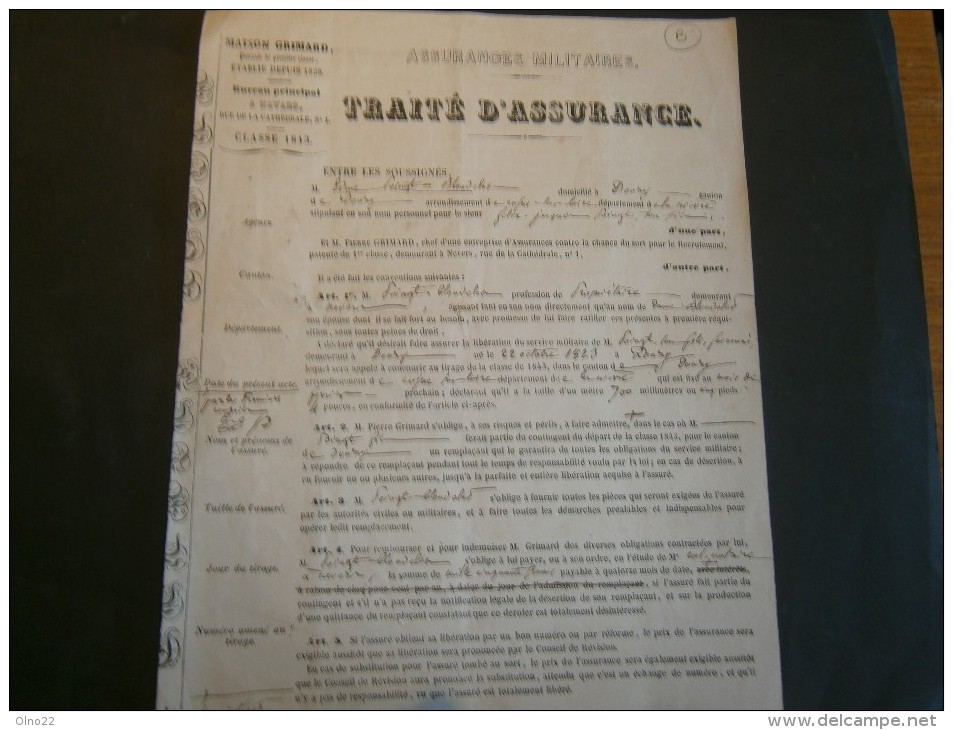 N EVERS-ASSURANCES MILITAIRES-8/1/1844- ASSURANCE CONTRE UN MAUVAIS TIRAGE AU SORT POUR SERVICE MILITAIRE - Documents Historiques