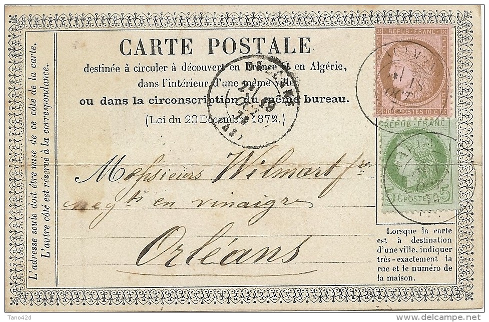 LBL26B2 - CARTE PRÉCURSEUR MOD 1873 TYPE 1 CERES N°53+54 PLI MEDIAN - Cartes Précurseurs