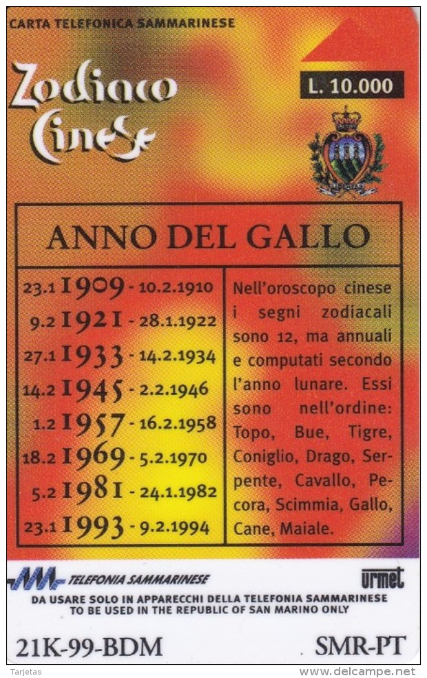 DUMMY - TARJETA DE SAN MARINO DEL HOROSCOPO DEL GALLO SIN CHIP (RARA) COQ - Saint-Marin