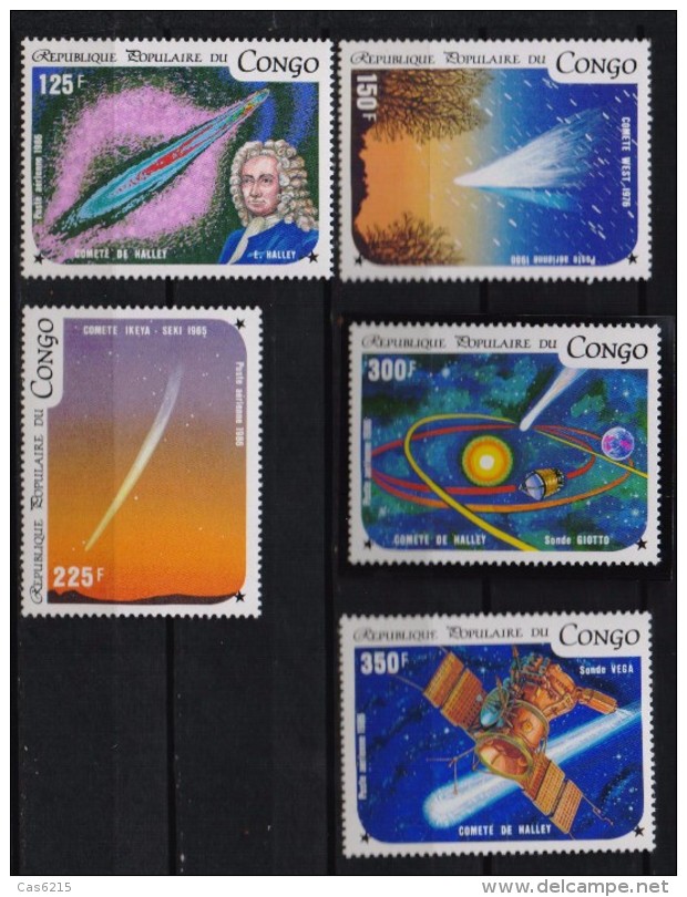 Congo Brazzaville 1986 Halley Comet Space, Set 5 Stamps Air Mail, MNH - Astronomy