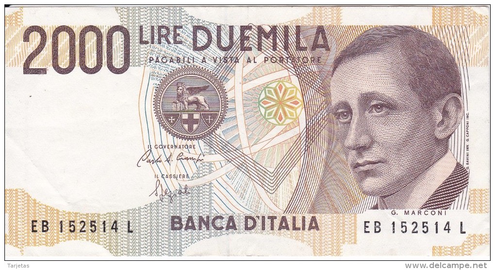 BILLETE DE ITALIA DE 2000 LIRAS DEL AÑO 1990  MARCONI CALIDAD EBC (XF)  (BANKNOTE) - 2000 Liras