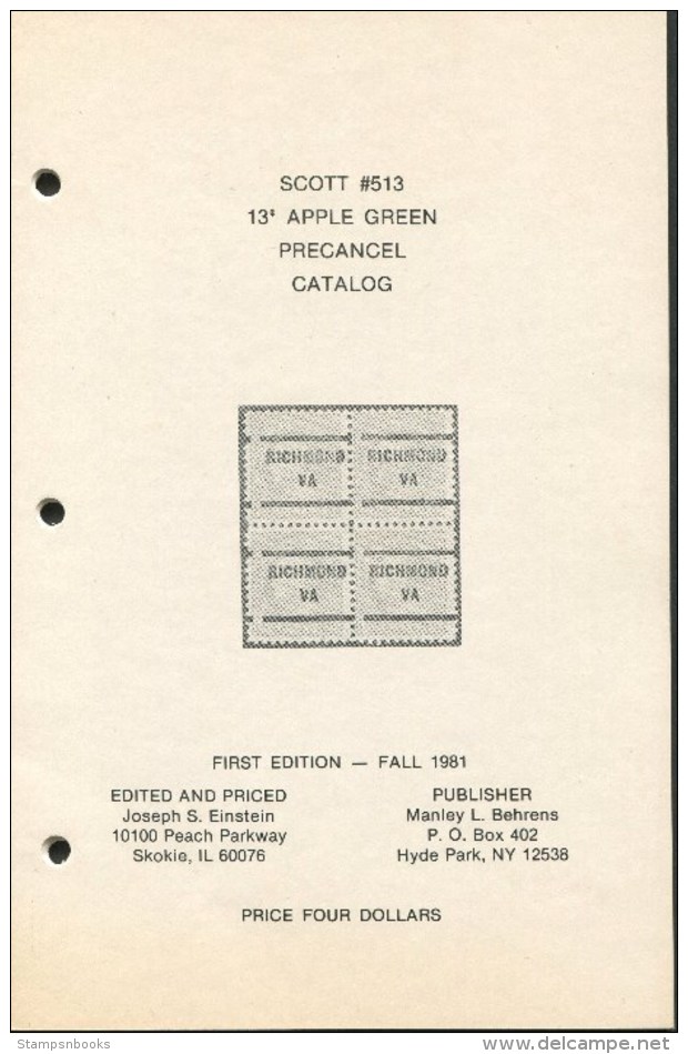 USA, Scott 513, 13c Apple Green Precancel Catalog - Stati Uniti