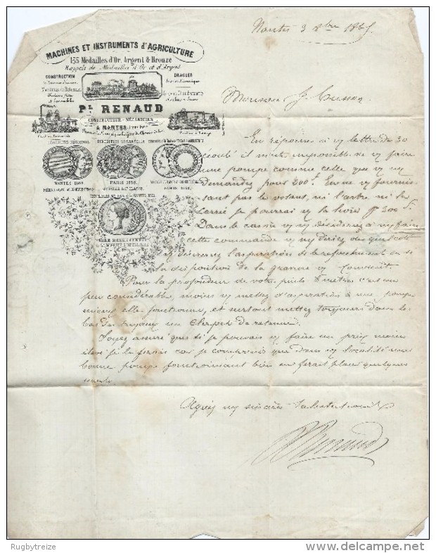 1946 Lettre 1865 Nantes GC 2602 Napoléon RENAUD Mécanicien Pour Aiguillon 47 Cusson Médaille D'or - 1849-1876: Période Classique