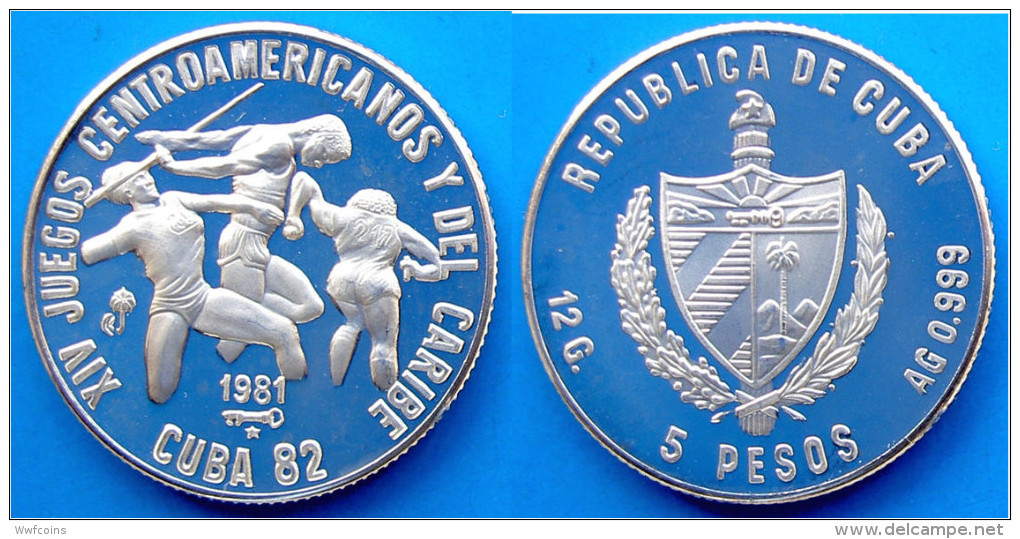 CUBA 5 P 1981 ARGENTO PROOF XIV JUEGOS CENTROAMERICANOS Y DEL CARIBE CUBA 82 GIAVELLOTTO  PESO 12g TITOLO 0,999 CONSERVA - Cuba