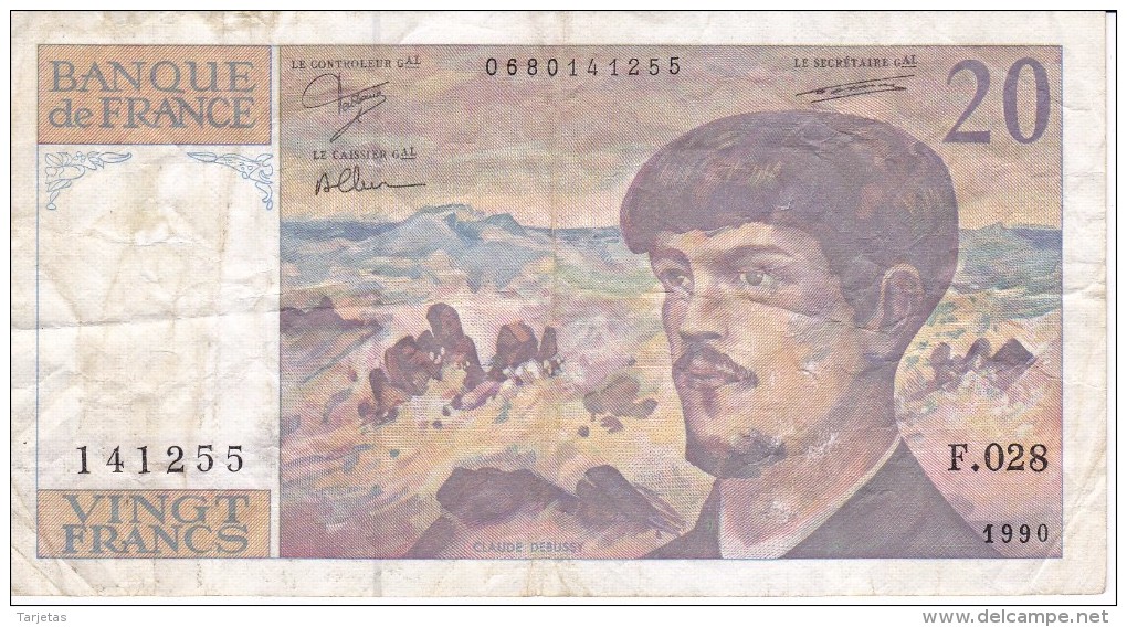 BILLETE DE FRANCIA DE 20 FRANCS DEL AÑO 1990 SERIE F  (BANKNOTE) CLAUDE DEBUSSY - 20 F 1980-1997 ''Debussy''