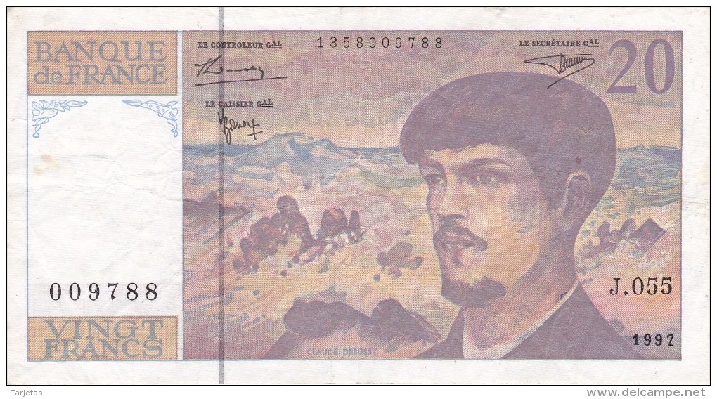 BILLETE DE FRANCIA DE 20 FRANCS DEL AÑO 1997 SERIE J  (BANKNOTE) CLAUDE DEBUSSY - 20 F 1980-1997 ''Debussy''