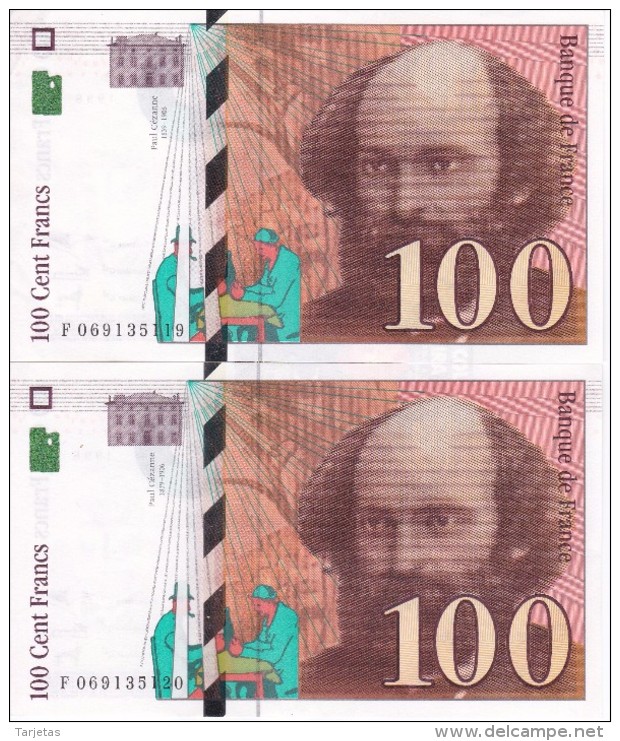 PAREJA CORRELATIVA DE FRANCIA DE 100 FRANCOS DEL AÑO 1998 DE CEZANNE  (BANKNOTE) - 100 F 1997-1998 ''Cézanne''