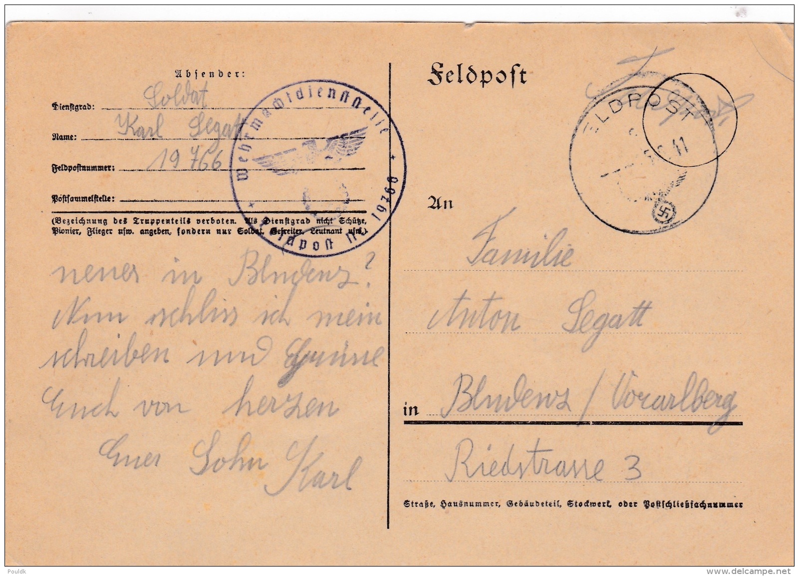 Feldpost WW2:  2. Schwadron Aufklarungs-Abteilung L00. Infanterie-Division  FP 19766 P/m 15.6.1941 - Plain Postcard (G84 - Militaria