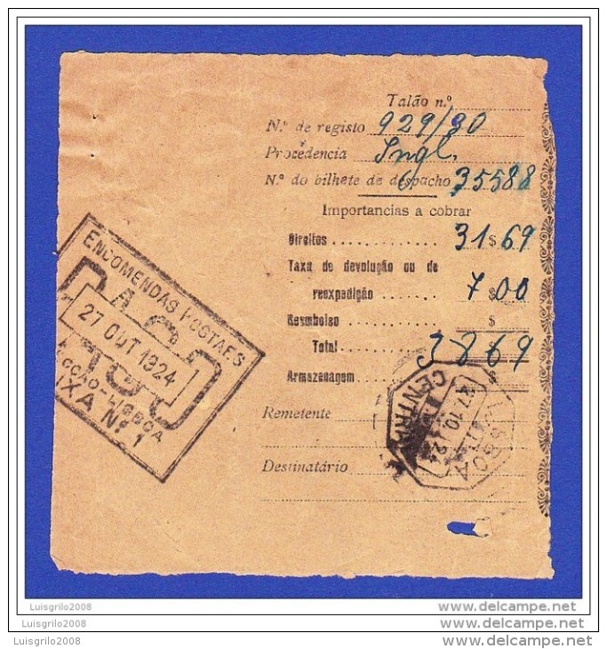 ENCOMENDAS POSTAES -- CACHET  SECÇÃO LISBOA - 27 OUT 1924 - Storia Postale