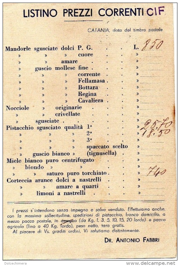 AGRICOLTURA-CATANIA-ANTONIO FABBRI-PRODOTTI DEL SUOLO-LISTINO PREZZI - Italia