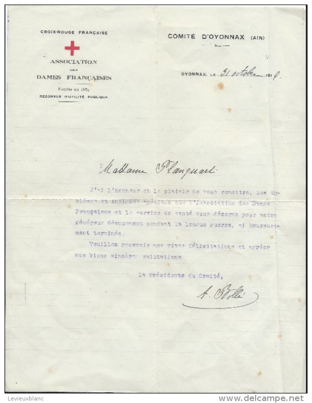 Remise De Diplomes Et Insignes Spéciaux / Association Des Dames Françaises/Mme Flanquart/Oyonnax/1919   DIP206 - Diplômes & Bulletins Scolaires