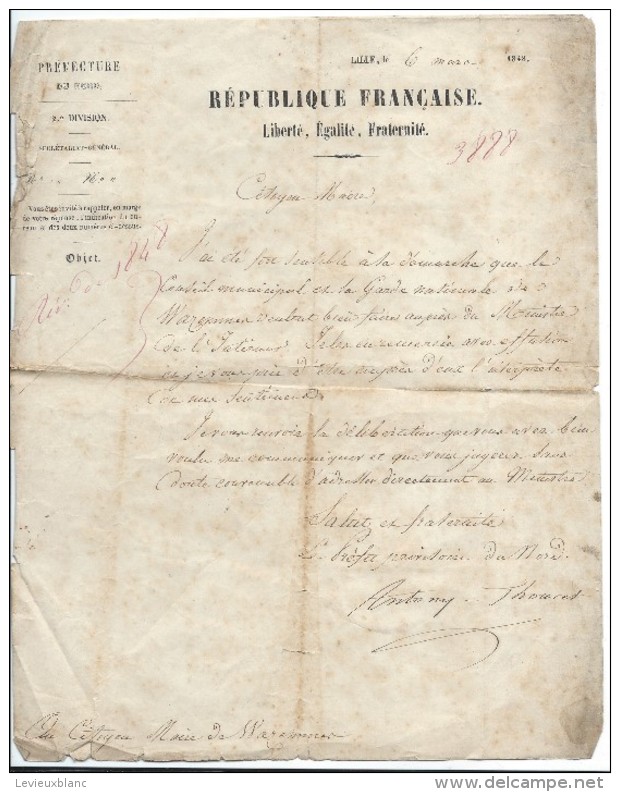 Démarche Garde  Nationale /Warennes/ Ministére De L'Intérieur/Préfecture Du NordCitoyen-Maire/Lille /Nord/ 1848   DIP207 - Diplômes & Bulletins Scolaires