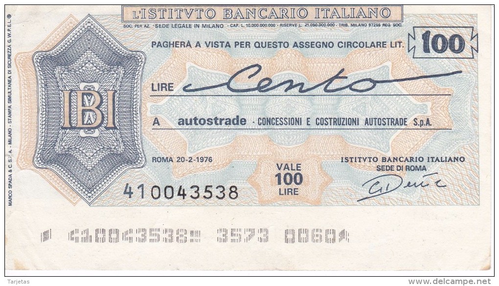 BILLETE DE ITALIA DE 100 LIRAS  INSTITUTO BANCARIO ITALIANO  (BANKNOTE) - [10] Cheques En Mini-cheques