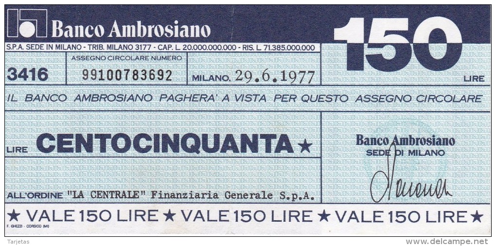 BILLETE DE ITALIA DE 150 LIRAS DEL BANCO AMBROSIANO (BANKNOTE) - [10] Checks And Mini-checks