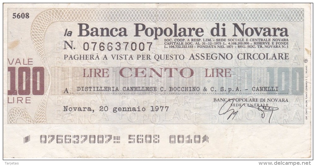 BILLETE DE ITALIA DE 100 LIRAS DE BANCA POPOLARE DI NOVARA (BANKNOTE) - [10] Cheques Y Mini-cheques