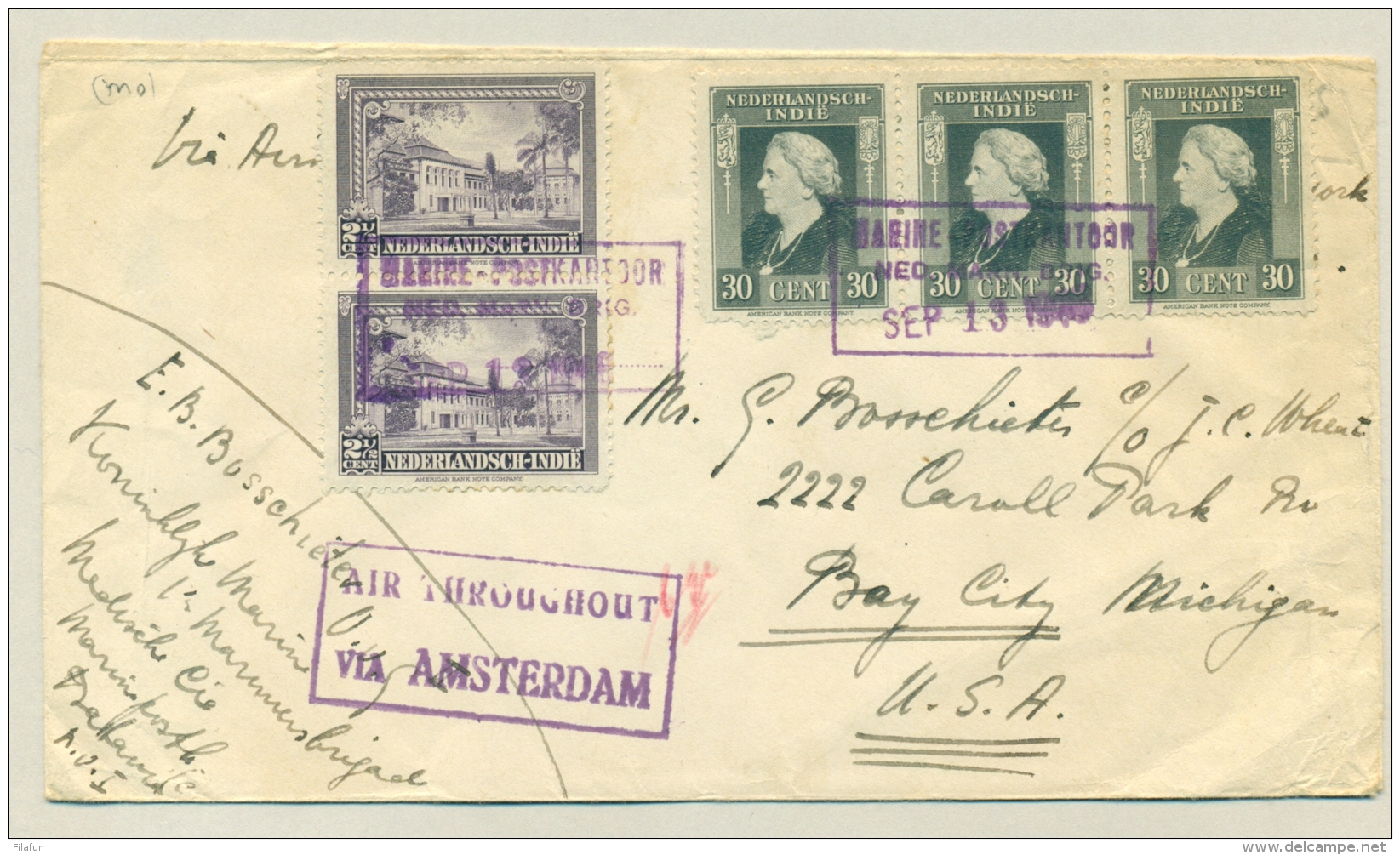 Nederlands Indië - 1948 - Marine Postkantoor / Ned. Marn. Brig. Op Cover Naar Bay City / USA - Air Throughout A'dam - Netherlands Indies