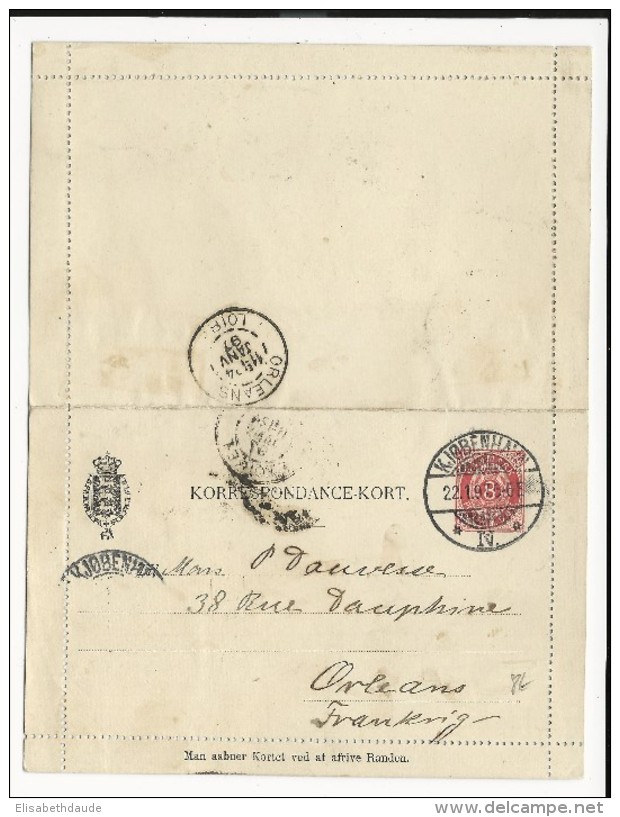 DANEMARK - 1897 - CARTE-LETTRE ENTIER POSTAL 8 ORE VOYAGEE AVEC BORD Pour ORLEANS - Enteros Postales