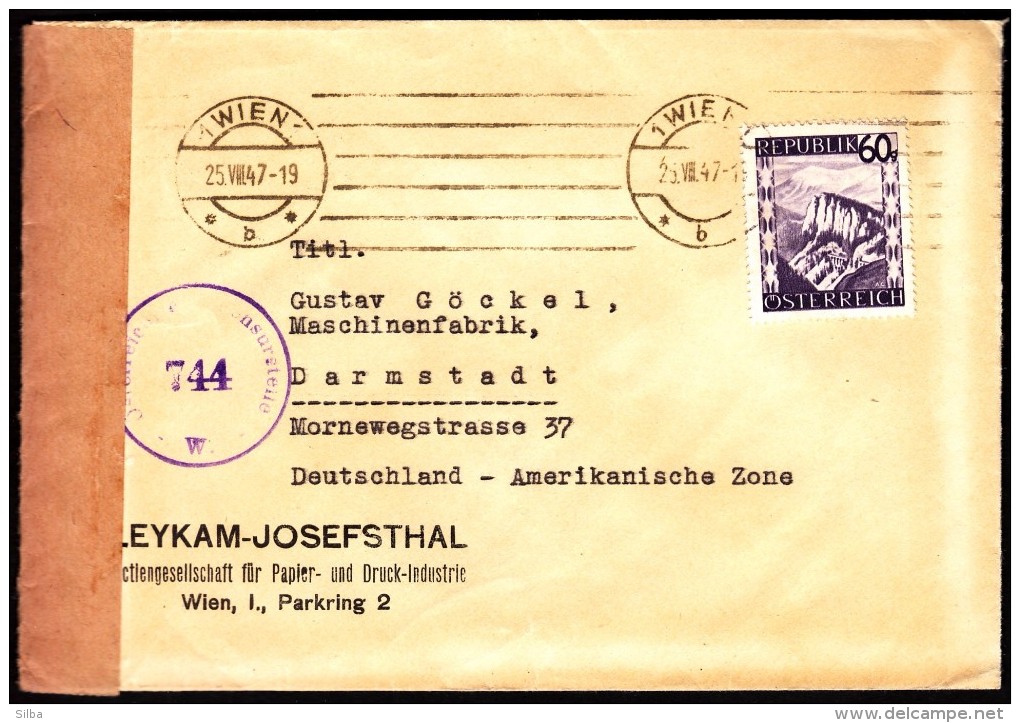 Austria Vienna 1947 To Darmstadt Germany American Sector CENSORSHIP - ZENSUR  / Östereichische Zensurstelle 744 - Brieven En Documenten