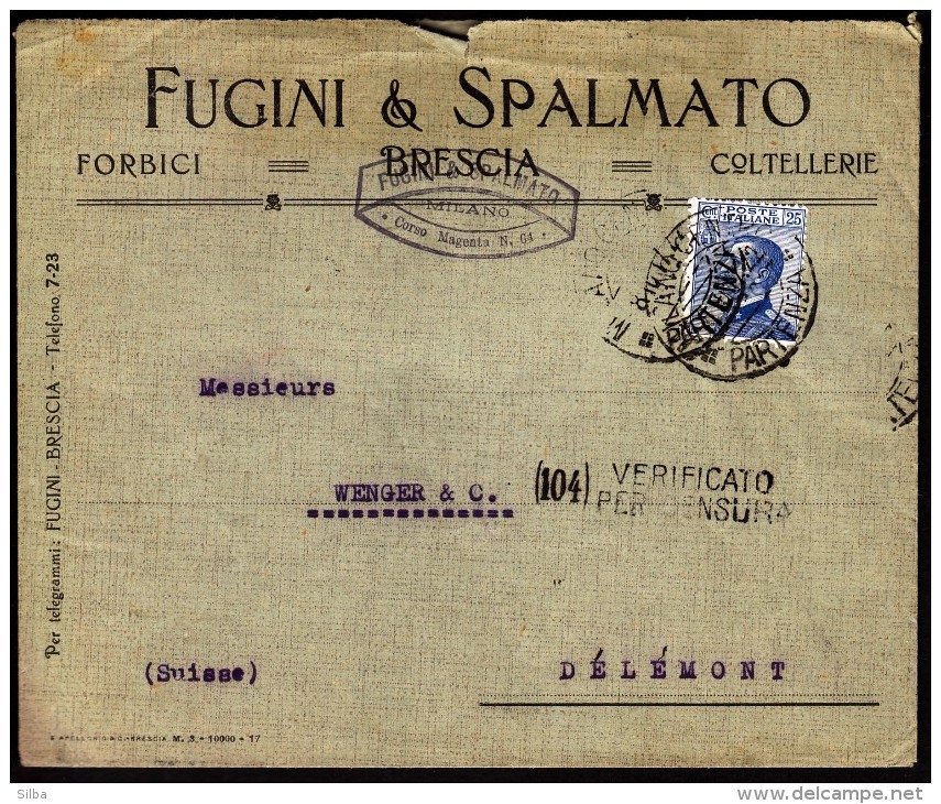 Italy Milano 1917 To Switzerland Delemont / WWI CENSORSHIP - ZENSUR / Verificato Per Censura - Military Mail (PM)