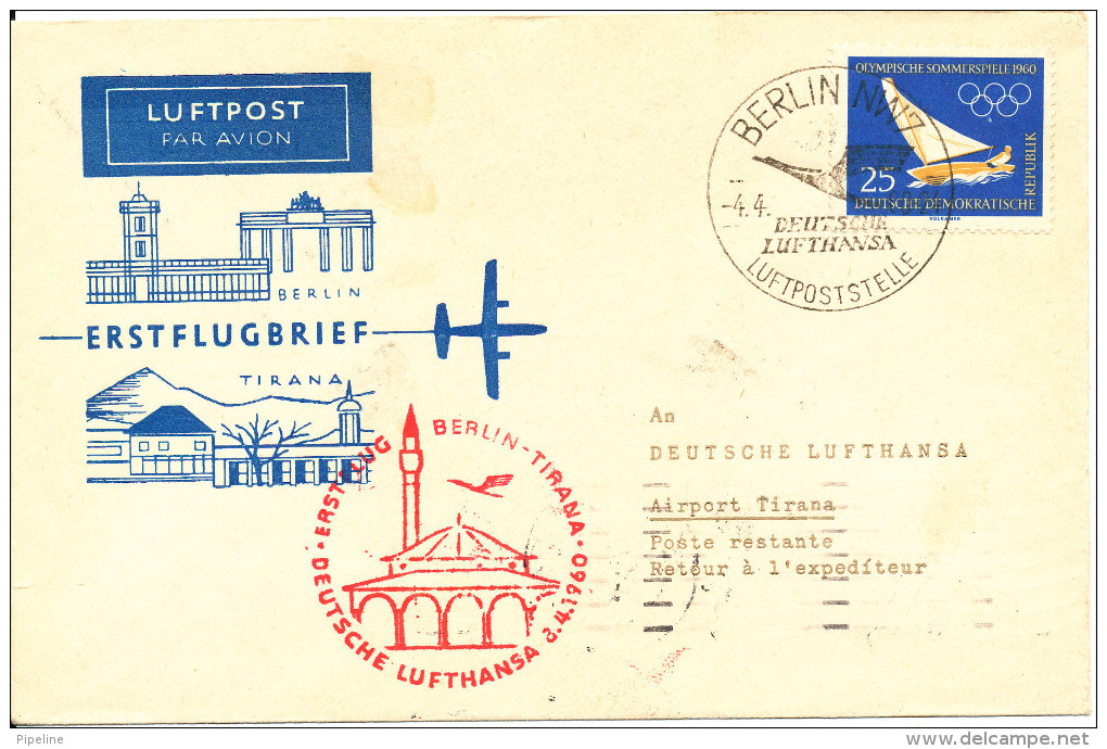 Germany DDR First Flight Cover Deutche Lufthansa Berlin - Tirana 4-4-1960 - Other & Unclassified